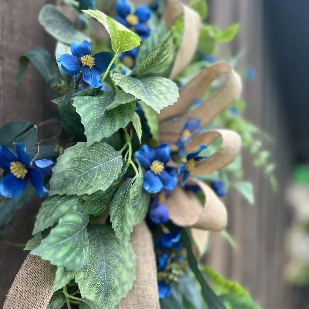 Elegant Green and Blue Floral Wreath for your front door, porch - Picture 6 of 8